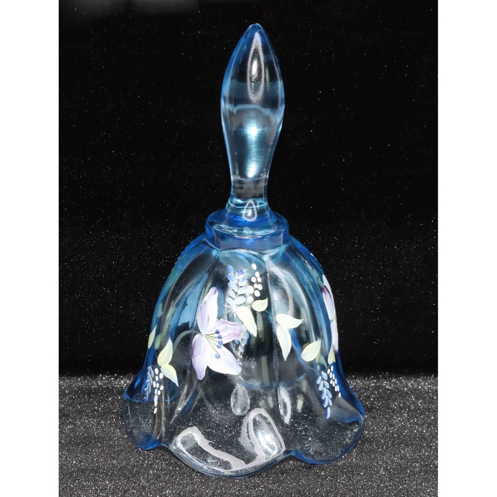 Fenton Glass Bell Ice Blue Floral‎ Hand Painted Signed By S. Fisher